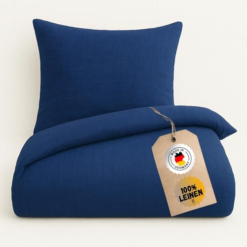 Chambry Premium Bettwäsche 100 % Leinen - handgefertigt in Deutschland – atmungsaktiv temperaturausgleichend bügelfrei – Bettbezug 135x200cm + Kissenbezug 80x80cm - Blau