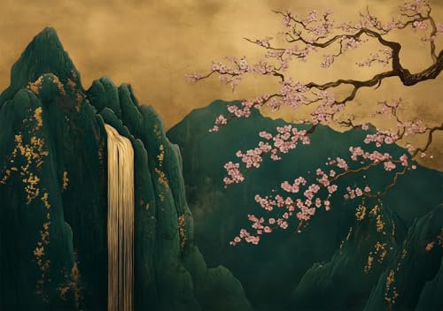 STYLER Leinwandbild Berubetto 70 x 100 cm (AUFHÄNGFERTIG) I Asiatisch inspiriertes Landschaftsbild I Kirschblüten & Wasserfall I Kunst Wandbild Wohnzimmer Schlafzimmer Flur Büro