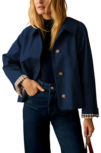 Dqbeng Womens Cropped Trench Coat Classic Collar Oversized Casual Jackets with Checkered Lining, Navy, Medium