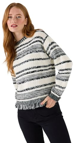 Joe Browns Women's Bold Black & Cream Striped Fringed Jumper Sweater