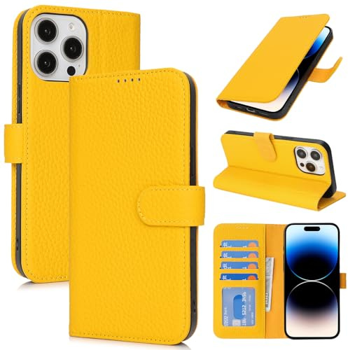 Zouzt Leather Wallet Case for iPhone 14 Pro, 4 Card Slot, Yellow | Genuine Leather, Card Holder, Shockproof TPU Shell, Magnetic Closure, Protective Flip Folio Phone Cover, For Women Men