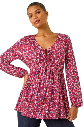 Roman Originals Ditsy Floral Print Ladder Trim Top for Women UK - Ladies Everyday Autumn Winter Round Neckline Comfy Soft Evening Vacation Work Party Night Out - Pink - Size 16