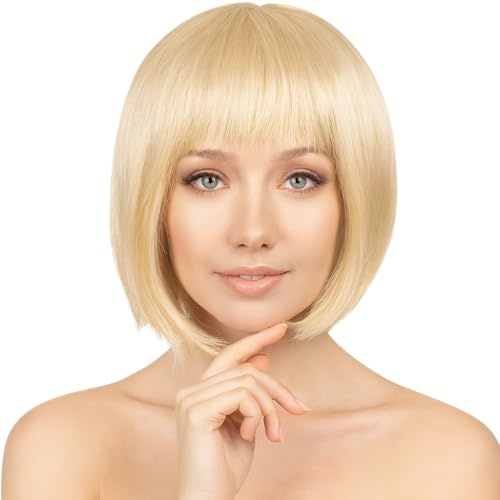 Trendandstylez Kurzhaar Perücke Damen bunt Set – Bob Wig mit Pony in 15 Farben | Fasching, Karneval, Party, Cosplay, Halloween, Mottoparty Party, Silvester, Charleston (Blond)