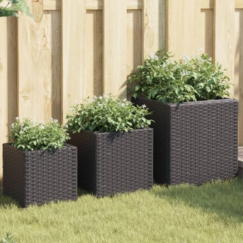 Frdhee Lot de 3 bacs à fleurs d'extérieur - En polyrotin - Noir - Pour jardin, terrasse et parc