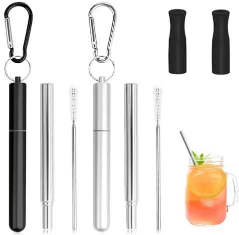 2 Pack Stainless Steel Collapsible Straws with Case and Cleaning Brush | Reusable Drinking Straw, Telescopic Drinking Straw for Travel, Home and Work, Adjustable Length up to 23cm