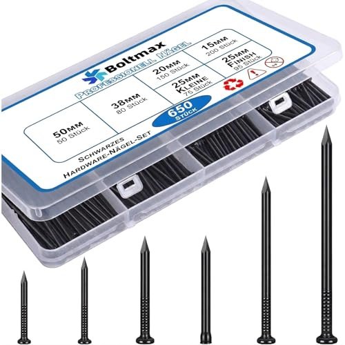 Boltmax 650 Stück Stahlnägel Set, Nägel Set 6 Größen, Stahlnägel für Bilder, Nägel Bilder Aufhängen für PinnwäNden, Holzarbeiten, Handwerk