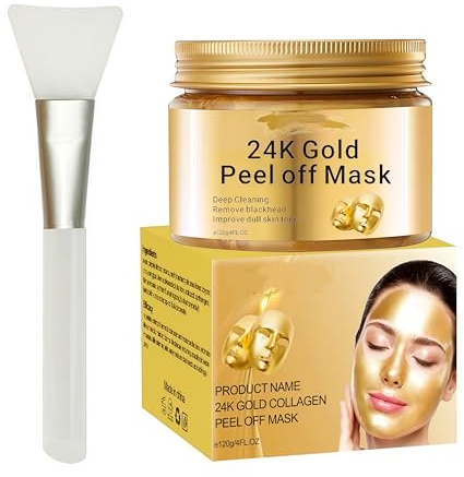 24K Gold Maske Gesicht - Peel Off Maske mit Kollagen & Hyaluronsäure - Tiefenreinigung & Feuchtigkeitspflege für strahlende Haut - Inklusive Maskenpinsel - 120g