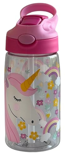 Coriex Borraccia Unicorno 480 ml – Plastica Trasparente con Cannuccia e Tappo Flip-Top – Bambine Scuola e Sport