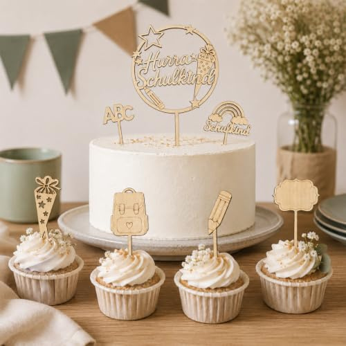 Gleevio Tortendeko Einschulung Holz,7 Tlg Hurra Schulkind Cake Topper Set
