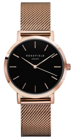 Rosefield Damenuhr The Tribeca Roségold 33 mm Rundes Gehäuse mit Schwarzem Zifferblatt und Roségoldenem Band - TBR-T59
