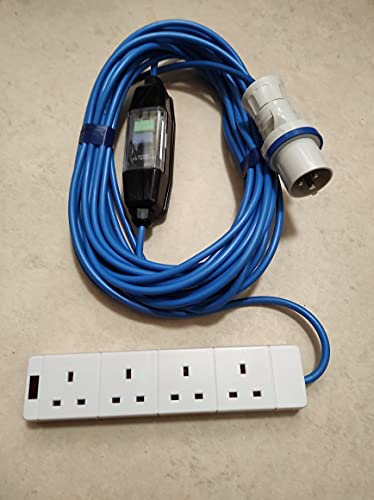 10m Orange Caravan Hook Up/Extension lead 1.5mm 16 Amp Blue Plug, In-Line RCD & 4 Gang Trailing Socket. Professionally assembled by MCD Electrical