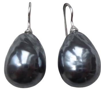 Große dunkel-graue Perlen-Ohrringe Ohr-Hänger Barock-Glasperle tropfen-förmig 925er Sterling-Silber hochwertig klassisch elegant Handarbeit Italien