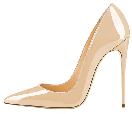 EDEFS Chaussures Femme Talon Haut 12 cm Escarpins Vernis Beige Bout Pointu Talons Fins Élégants Mode Soirée Mariage EU39