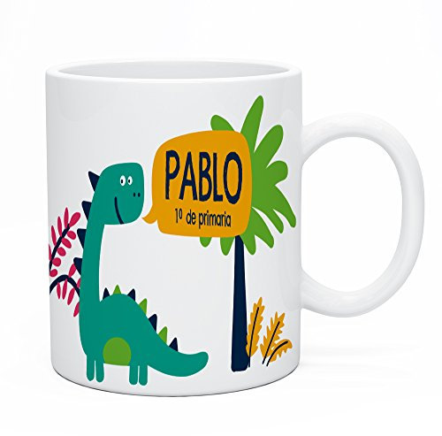 Regalo Original Taza de plástico Infantil Personalizada con Nombre y Dinosaurio para la Vuelta al Cole 33 cl