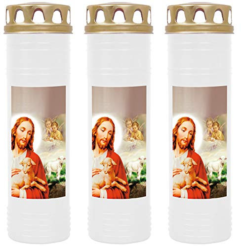 HScandle Grabkerze - 3er Pack - (Weiß) Grablicht ca. 7 Tage Brenndauer je Kerze - Motiv: Jesus mit Lamm