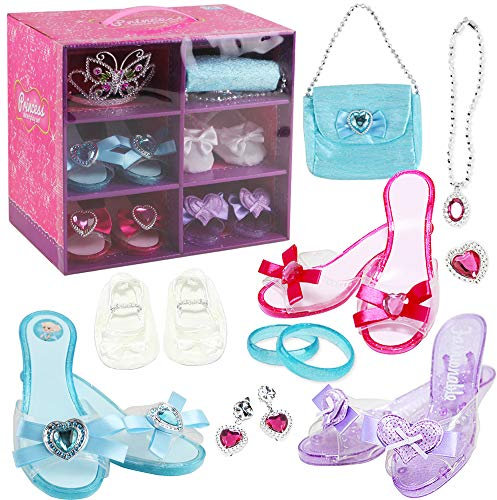 deAO Princess Schuh Spielzeug- und Schmuckboutique mit 4 Paar Schuhen, Armbändern, Halskette, Tasche, Ohrringen und Krone Mädchen-Tiara inklusive Kinder Schminkset Prinzessin Schuhe Mädchen
