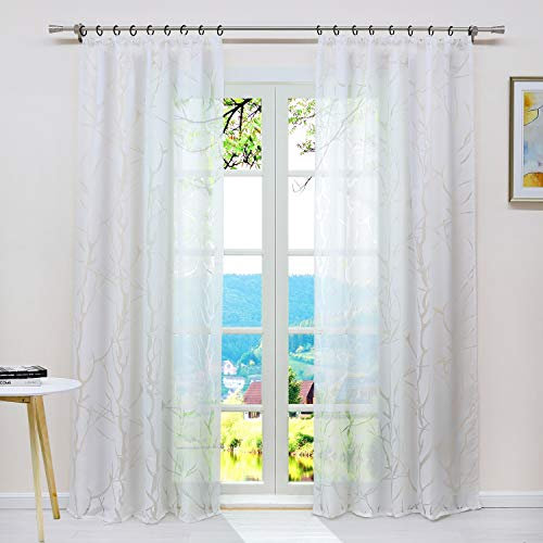 ESLIR Gardinen mit Kräuselband Vorhänge Ausbrenner Weiß Fensterschal Transparent Wohnzimmer Zweige Design BxH 140x225cm1 Stück