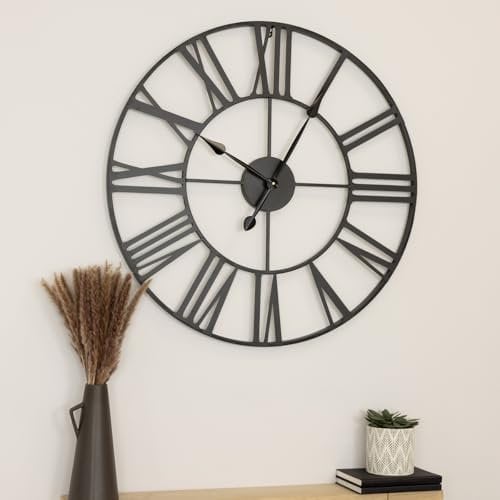 Charles Bentley Clock, Indoor, Wall Clock, Round, Minimalist, Skeleton Clock, with Roman Numerals, Matte, Black, Large, Contemporary, Long Sweeping Hands, Lightweight, Wrought Iron (80x80x4.5cm)
