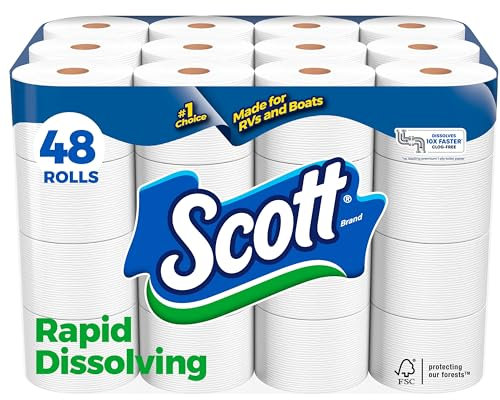 Scott Rapid-Dissolving Toilet Paper, 48 Double Rolls (6 Packs of 8) = 96 Regular Rolls, 231 Sheets Per Rolls, Made for RVs and Boats