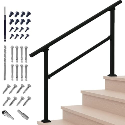 Metty Metal Handläufe für Außentreppe - 1 bis 5 Stufen Schmiedeeisen Treppengeländer Outdoor Indoor - Veranda-Geländer - Wetterbeständige Deckhandläufe für Betonstufen, DIY-Installationsset (Schwarz)