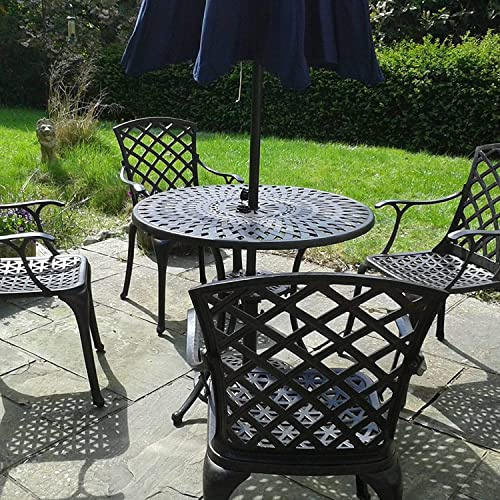 Lazy Susan 88 cm Runder Mia Gartentisch in Antik Bronze mit 4 Emma Stühlen und grünen Sitzkissen | Nachhaltiges Sandguss-Aluminium | Wetterfest | Rostfrei | Wartungsarm | 3 Jahre Garantie