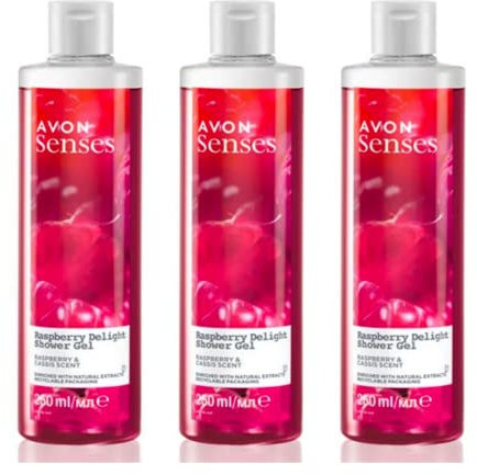 Avon Raspberry Delight Duschgel | Himbeere & Cassis | angereichert mit natürlichen Extrakten | 3 Stück