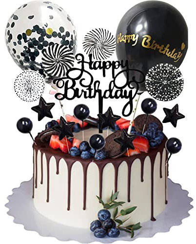 17 Stück Happy Birthday Kuchendeko Schwarz Geburtstag Tortendeko Junge Geburtstag Kuchendekoration Schwarz Sterne Cake Topper Glitzer Geburtstagstorte Kuchen Topper Mit Konfetti Luftballon (Schwarz)