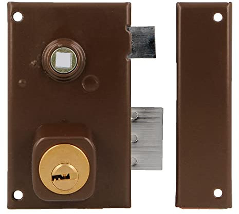 Amig - Cerradura de Sobreponer de Derecha con Palanca de Cierre, Lengüeta y Cuadradillo para Puertas de Madera Mod. 75N / 67 x 112 mm/Cilindro Redondo de Seguridad/Acero Marrón