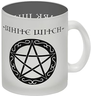 Glas Tasse mit magischen Pentagrammen und Spruch - White Witch - Dark Witch als coole Dekotasse für Hexen um an Halloween gemütlich mit den Freunden einen Glühwein oder einen