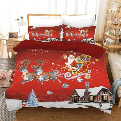 AVJWWD Weihnachten Bettwäsche Set Weihnachtsmann und Elch Schneemann Rentier Muster Bettbezug Set mit Kissenbezügen, Weihnachtsdekoration, Geschenk-Set (roter Schlitten, 220 x 240 cm)