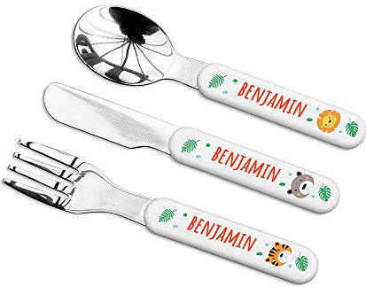 Treat Republic Personalised Kids Metal Cutlery Set – Plastic/Metal Printed Children's Jungle Animal Culinary Kit of Spoon, Knife, Fork with Custom Names | Kitchen Utensils & Custom Gifts