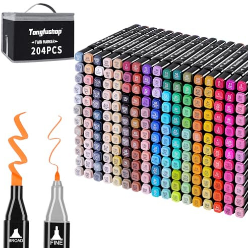 Tongfushop 204 Alkohol Stifte Set, 2 Sekunde Schnell Trocknende Alkohol Marker Set, Doppelseitige Marker Stifte Filzstifte mit Anti-Seepage Abstandshaltern für Malerei, Zeichnung, Design, Manga