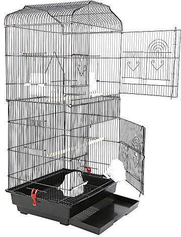 Volière Vogelkäfig auf Rollen, Design Haus, Sitzstangen, Türen, Kot, abnehmbar, Metall, Tierprodukte, Käfig, mit Stauraum (46 x 36 x 92 cm, schwarz)