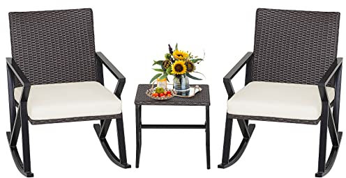 COSTWAY 3TLG. Gartenmöbel-Set aus PE-Rattan, 2 Schaukelstühle mit Kaffeetisch & Sitzkissen, Terrassenmöbel Balkonmöbel Sitzgarnitur für Garten, Terrasse, Balkon