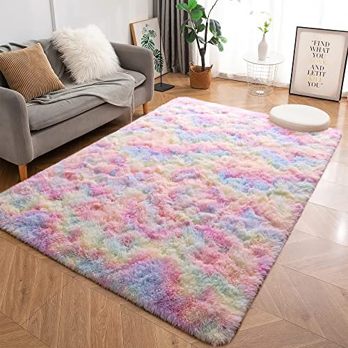 MARATIP Plüsch Teppich, Flauschiger Rundteppich für modernes Wohnzimmer, Kinder Mädchen, weicher und flauschiger Teppich für Schlafzimmer/Wohnzimmer/Kinderzimmer (Regenbogen, 160 x 230 cm)