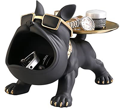 DKIIL NOIYB Bandeja de Estatua de Bulldog de Resina, Adornos Francés, Cuenco para Llaves con 2 Bandejas, Soporte Decorativo, Accesorios para el Hogar