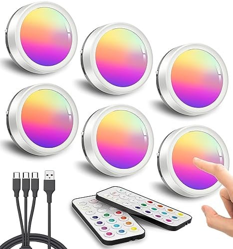 HiDure Colour Changing Rechargeable Puck Lights, Battery Powered Push Button Under Cupboard Kitchen Lights Remote USB Chargeable Spot RGB Stick On LED Cabinet Magnetic Touch Shelf Lighting, 6 Pack