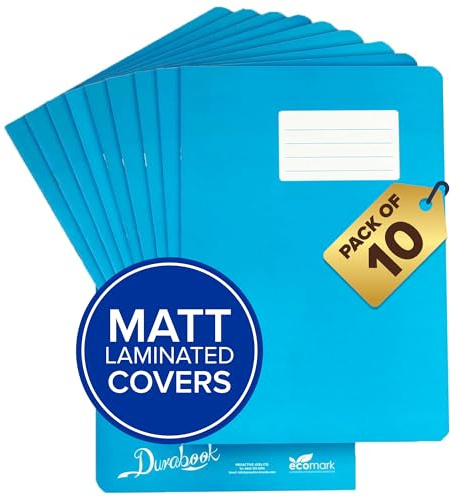 Durabook Schulhefte, A4+, 5 mm, kariert und Rand, Hellblau, 80 Seiten, langlebig, matt laminiert, wasserabweisend, quadratisches Lineal, Schulheft, kariert, Mathematikbüc