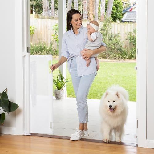 Retractable Baby Gate Perma Child Safety 41 Tall x 71” Wide, Mesh, for Stairs, Doorways, Dogs, Pets, Indoor, Outdoor, One-Handed Operation, Locking, Easy Install, Hardware Mount, White