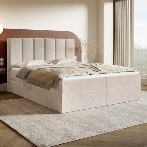 MOTIVENA Santiago Boxspringbett 140x200 Beige Samt, mit Taschenfederkern-Matratze (H3), mit T28 Komfortschaumstoff Topper (H3), Boxspringbett 140x200 mit Bettkasten Beige (Creme)