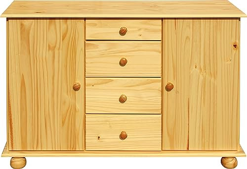 furnling 1910566 Oslo Kommode, 2-türige, 4 Schubkästen, Kiefer massiv, Made in Europe, FSC Zertifiziert, 38 x 121 x 102 cm, Natur, lackiert