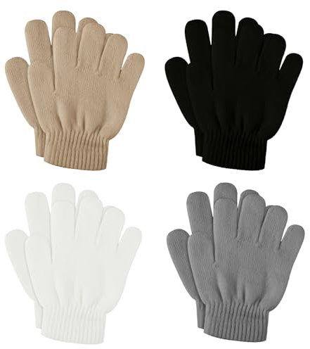 SATINIOR 4 Paar Winter Kinderhandschuhe Kinder Stretch Fäustlinge Warme Baby Strickhandschuhe für Mädchen Jungen (Schwarz, Weiß, Khaki, Grau, 4-10 Jahre)