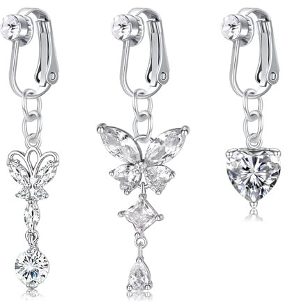 NIUSIMAN 3 Pièce 14G Faux Piercing Nombril Acier Chirurgical avec Ronde CZ Papillon Forme de Cœur Faux Percing au Nombril Argent Piercing Nombril Clip Hoop Pour Les Femmes Les Filles