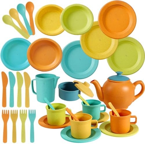 AOLEVA Kids Tea Set and Kitchen Accessories for Age 3+, Plastic Pretend Role Play Kitchen Toy Tea Cups, Play Dish Plates Cutlery Dinner Set Gifts for Children Toddler Kids