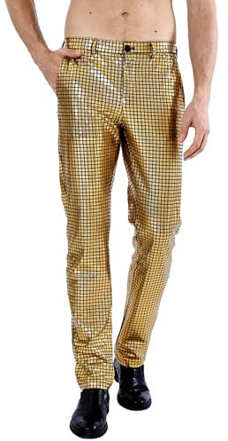 COSAVOROCK Herren Disco Hose Mode Metallisch Pailletten 70er Jahre Hosen Gold 32W