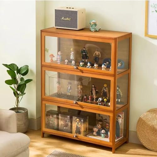 Sammlung Vitrine,natürlicher Bambus Rahmen, Acryl Sammlung Vitrine, staubdicht, passend für Haus und Büro Gebrauch (3-floors-70cm, Wood Color)
