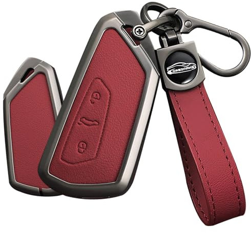 TECART Cuir Smart Voiture Porte-clés Couverture pour VW Volkswagen ID3 ID4 MK8 Golf 8 GTI Skoda Octavia Métal Key Case pour Golf 8, Rouge long