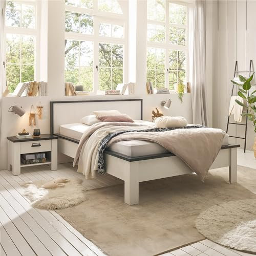 Lomadox Bett 140x200cm mit Nachtschrank SHELTON-61 in Pinie weiß mit anthrazit