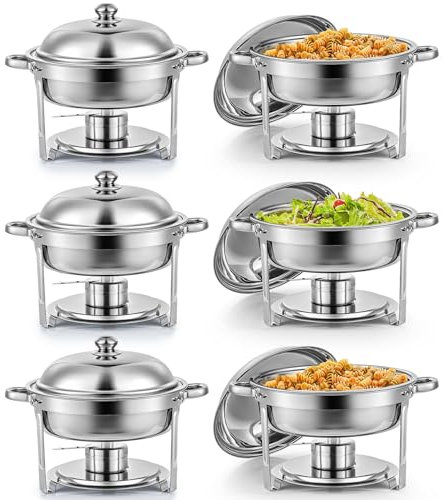 Wilprep Buffets Chauffants Ronds 6PCS Chafing Dish 5L en Acier Inoxydable avec Couvercles Plats Bains Maries Supports de Combustible pour Restaurants Traiteurs Fêtes Mariages Pique-niques