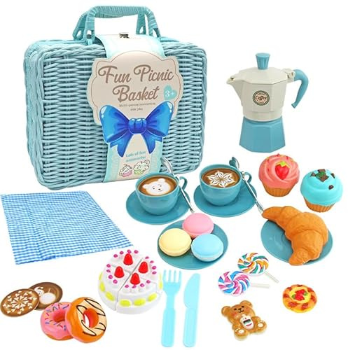 30 PCS Mini Tea Party Set Toy with Blue Picnic Basket,Cuttable Cake,Dessert,Tablecloth,Cookies,Afternoon Tea Playset with Carrying Case,Kitchen Pretend Play Gifts for Kids Toddler Girls Age 3+